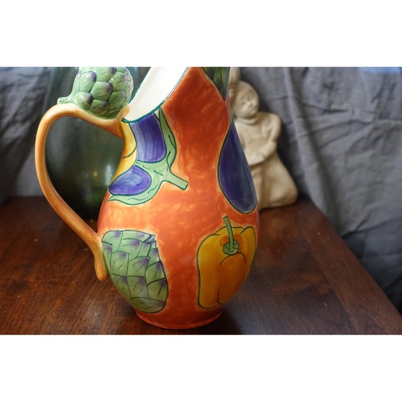 Clay Art Toscano collection large pitcher bright colors with vegetables - Picture 4 of 9